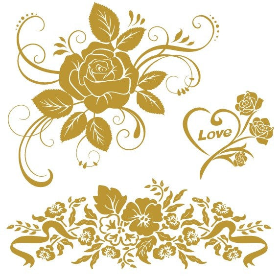 Planche de 3 tatouages temporaires de roses dorées 9cm