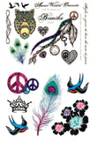Pack of fake tattoos and body jewelry feather