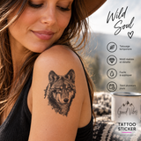 Tatouage temporaire tête de loup réaliste noir et blanc 8 cm sur le bras 🐺