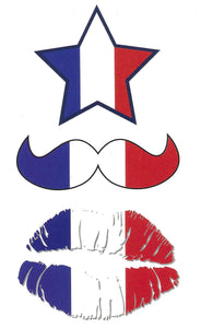 planche de tatouages temporaires étoile, moustache et bisous aux couleurs de la France