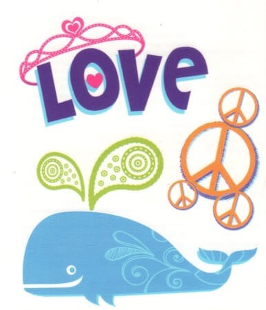 Planche de tatouages peace and love baleine 10cm