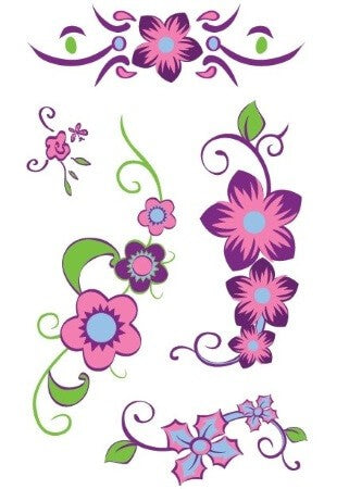 5 purple and pink flowers board of temporary tattoos 15cm