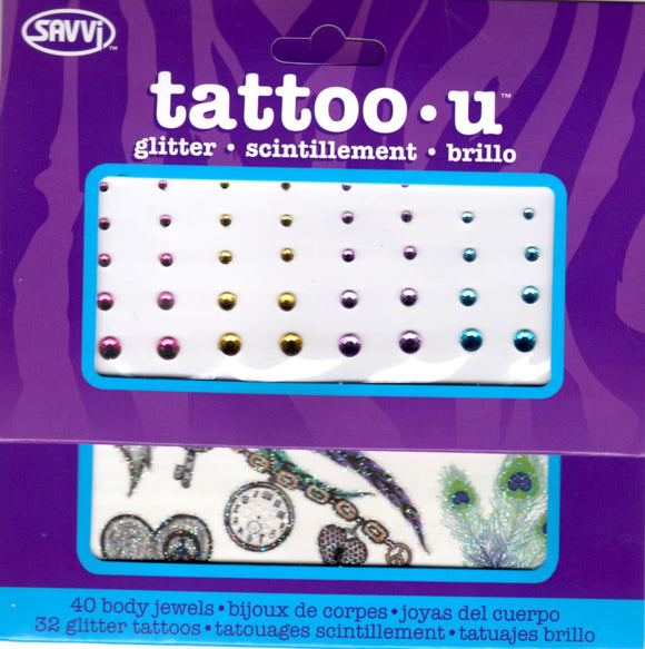 Pack of fake tattoos and body jewelry feather
