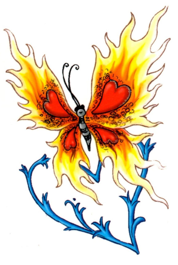 Butterfly with flames temporary tattoo 11cm