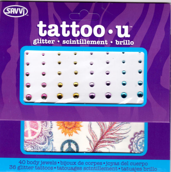 Pack of fake tattoos and Body Jewelry Peace and love