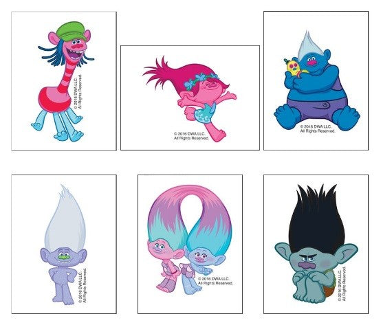 Pack of 6 Trollz heroes temporary tattoos 5cm