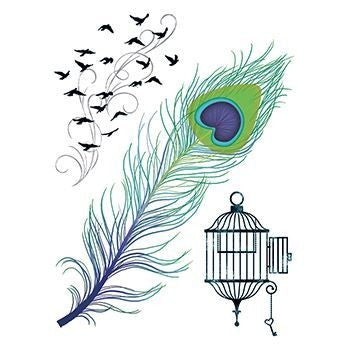 Birds, open cage and feather board of temporary tattoos 15cm