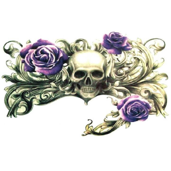 Très grand tatouage crâne et roses violettes 21cm