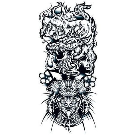 Grand tattoo représentant un guerrier chinois surmonté d'un dragon