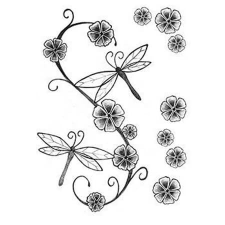 Tatouage temporaire représenant des libellules autour d'une branche fleurie