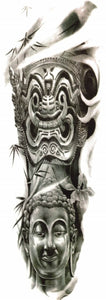 Tatouage full arm bouddha et masque tribal