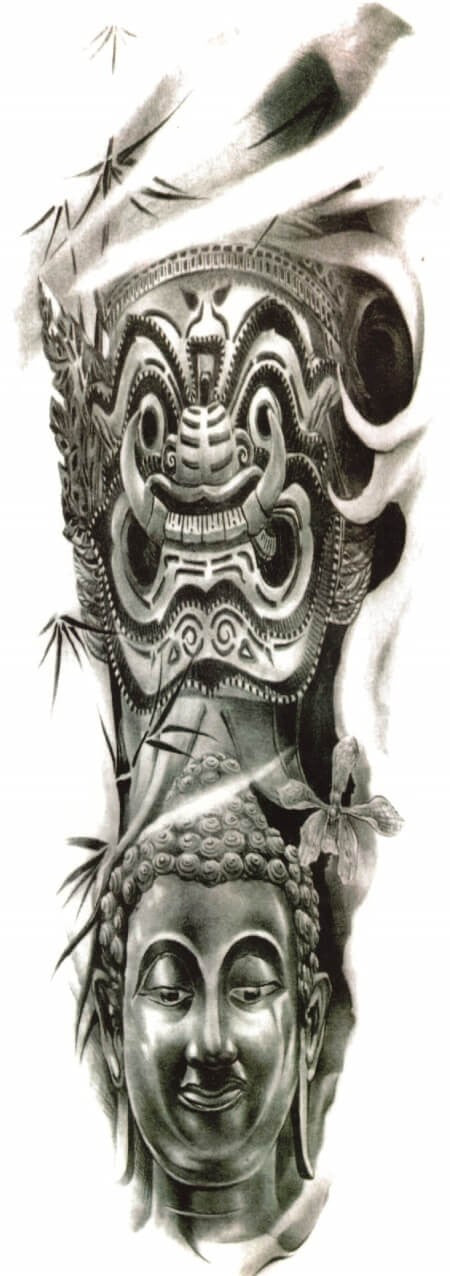 Tatouage full arm bouddha et masque tribal