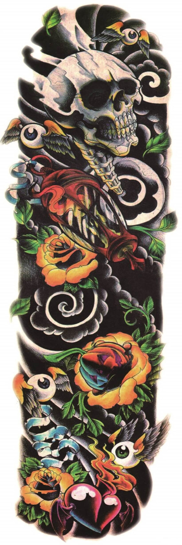 Tatouage temporaire squelette et fleurs full arm