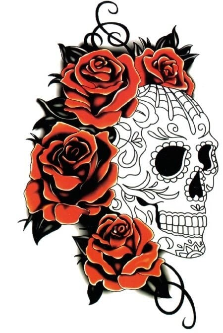Très grand tatouage crâne noir et roses rouges 21cm