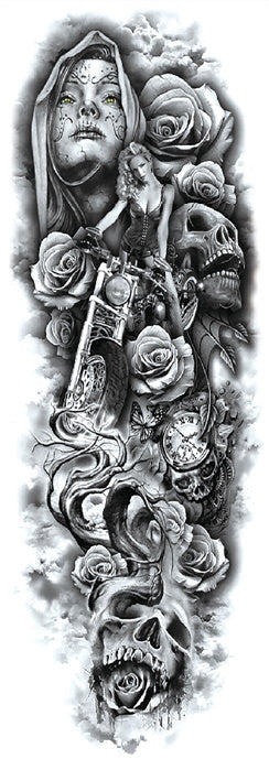 Skulls and motorcycles full arm temporary tattoo 48cm