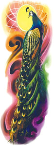 Très grand tatouage temporaire représentant un paon multicolore