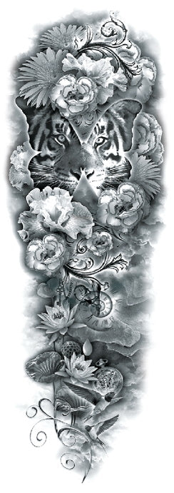 Très grand tatouage éphémère représentant un tigre au milieu des fleurs et papillons