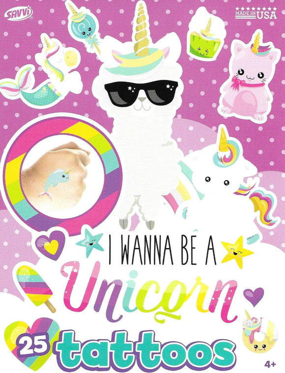 Pochette savvi de 25 tatouages temporaires licorne