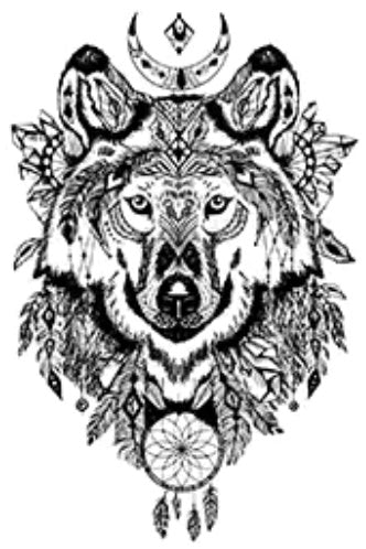 Le motif représente un loup avec tous les attributs des indiens d'Amérique : une corne décorée, des plumes et un attrape cauchemar.  Le loup est ici représentée comme un totem amérindien. Il est serein et digne.